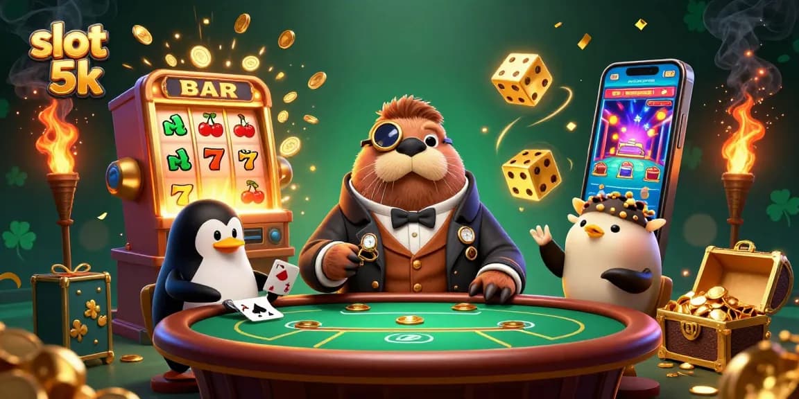 Unveil the thrill with slot 5k as a jolly walrus plays at an underwater casino table in a vibrant scene.
