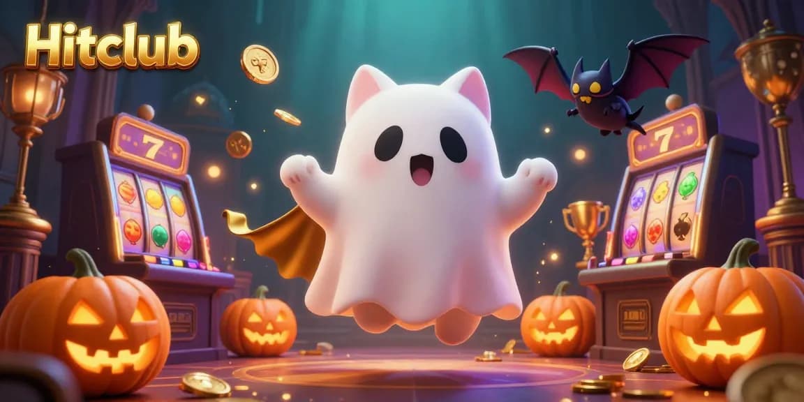Experience thrilling gameplay at Hitclub with a ghost cat floating in a vibrant casino scene, surrounded by lively slot machines.