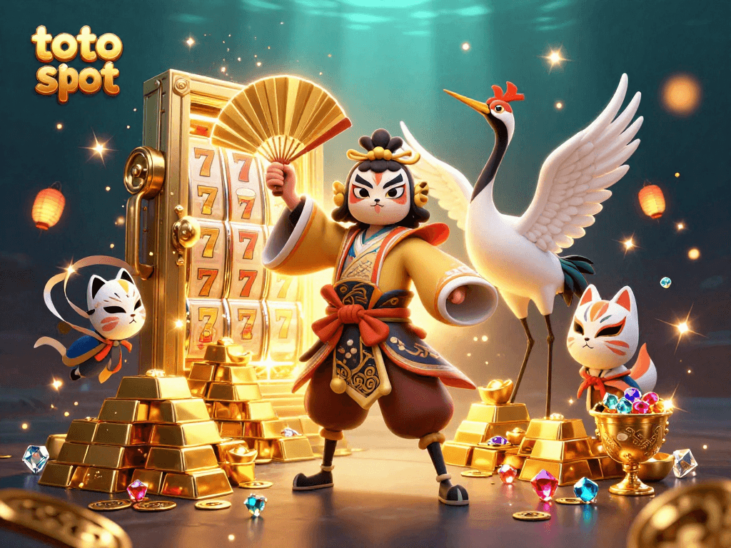 Experience thrilling toto slot action with vibrant characters and dazzling treasure in this 3D scene.