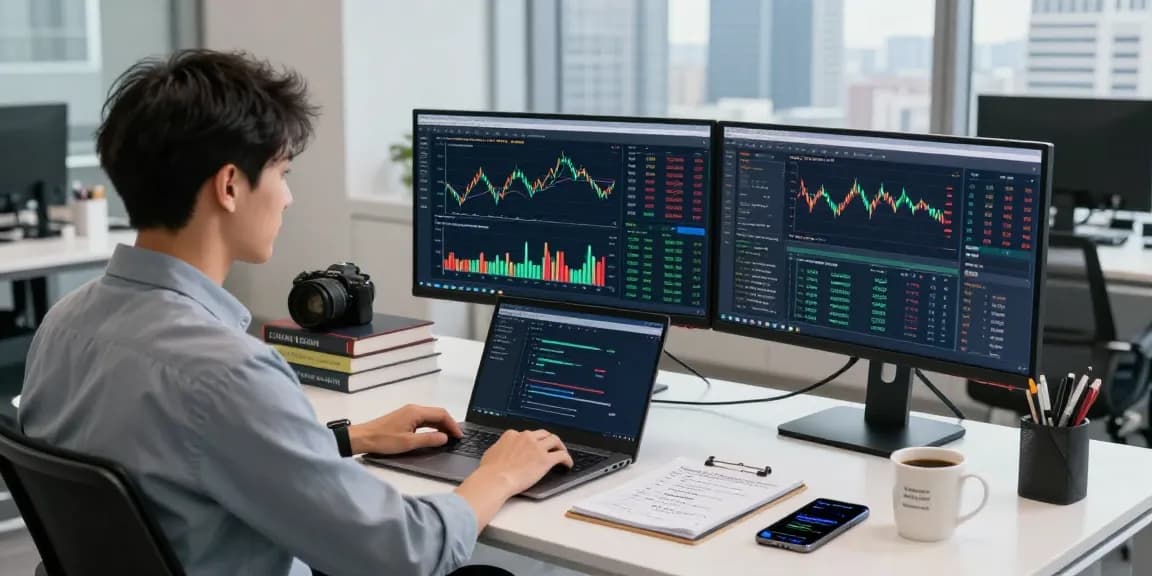 开发者在现代工作站中使用美股WebSocket推送接口分析实时市场数据，背景显示城市天际线。