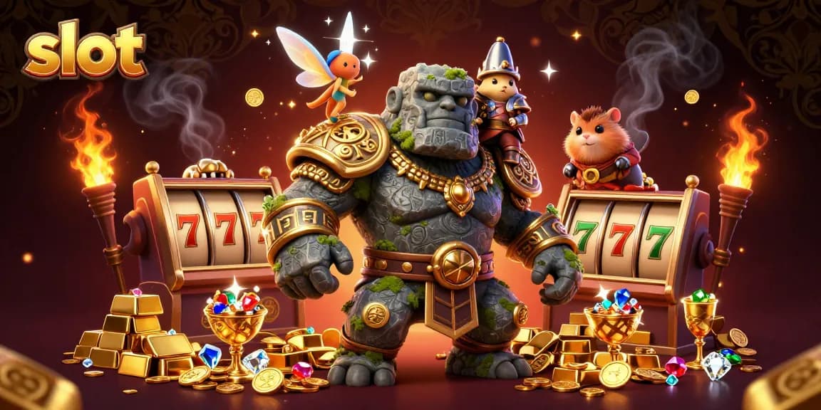 Spin to win big in slots with an ancient golem guardian and magical companions in a treasure-filled scene.