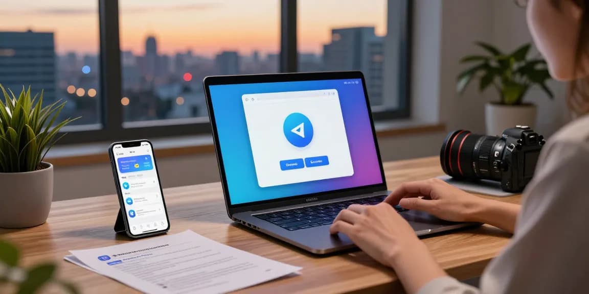 Downloading the Telegram Chinese safe download on a stylish laptop in a modern workspace