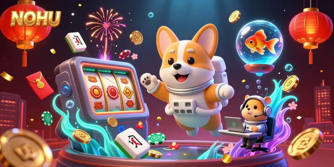 NoHU themed casino illustration with a floating corgi, golden coins, and vibrant gaming elements in a cosmic setting.