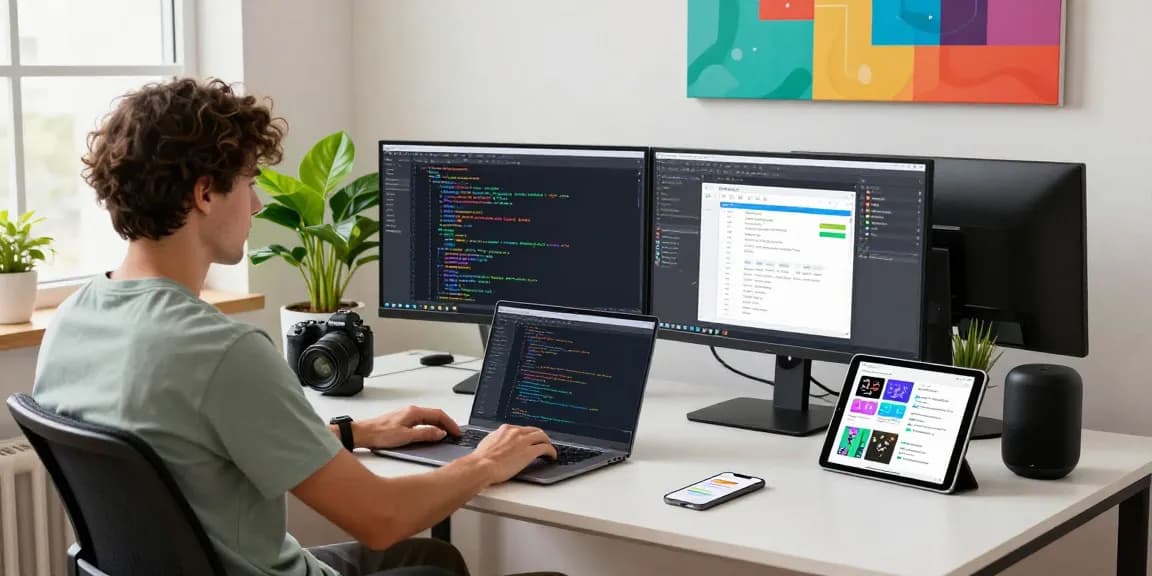 Engaging software development workspace at teiegramin.com with developer coding, tech gadgets, and a modern office setup.