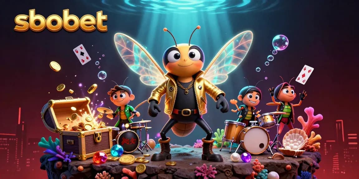 SBOBET offers vibrant casino excitement with a rock star theme showcasing gold coins and colorful gems.