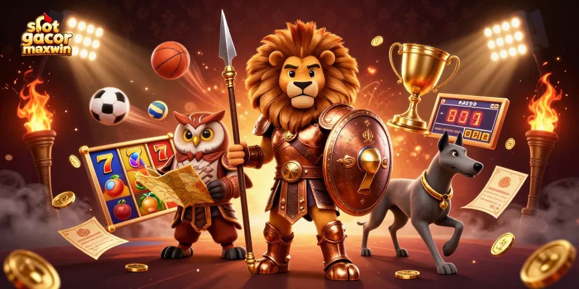 Rasakan kemenangan besar dengan elemen permainan slot gacor maxwin dalam ilustrasi 3D yang penuh warna.