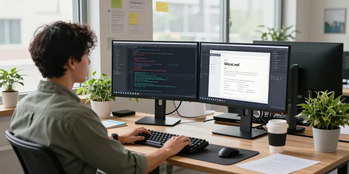 Developer utilizing openclaw skills in a modern workspace with coding and documentation.