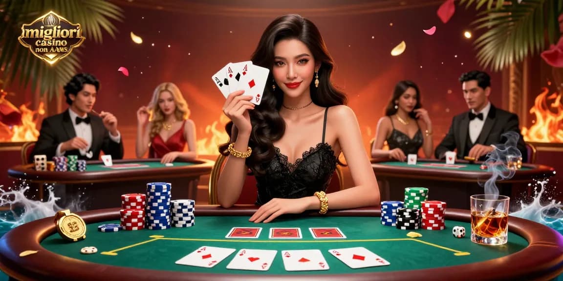 Vivi un'azione di gioco emozionante nei migliori casino non AAMS con partite di poker, fiches vibranti e un'atmosfera lussuosa.