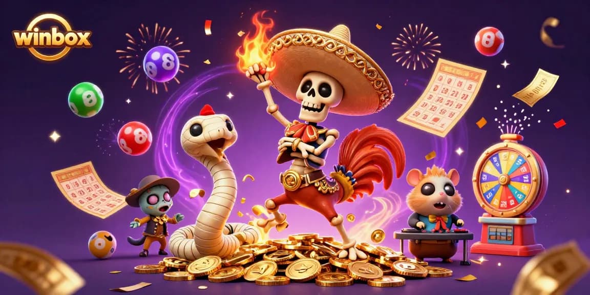 Winbox unleashes excitement with a mariachi rooster, mummy snake, and zombie hamster DJ in a vibrant casino celebration.