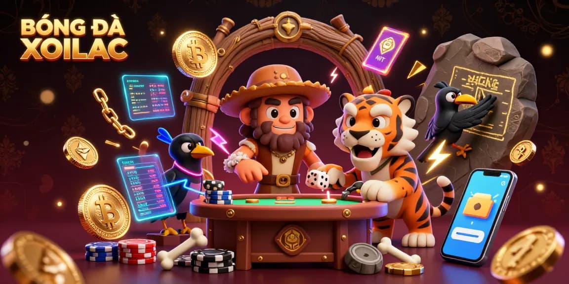 BÓNG ĐÁ XOILAC showcases a lively prehistoric casino scene featuring a caveman and sabertooth tiger, vibrant neon coins, and dynamic blockchain elements.