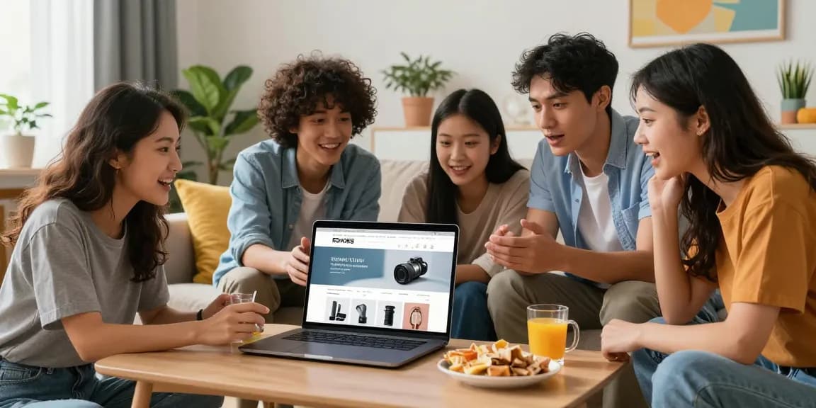 Friends exploring rokok88 login on a laptop in a cozy living room.