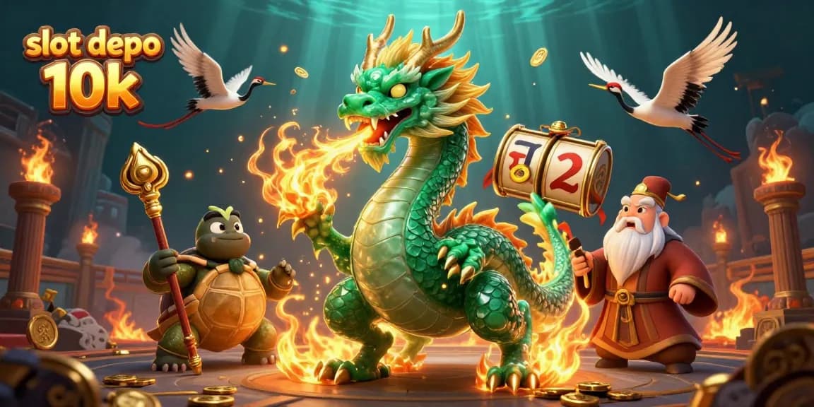 Experience the thrills of slot depo 10k with a vibrant scene featuring a jade dragon and lucky cranes.