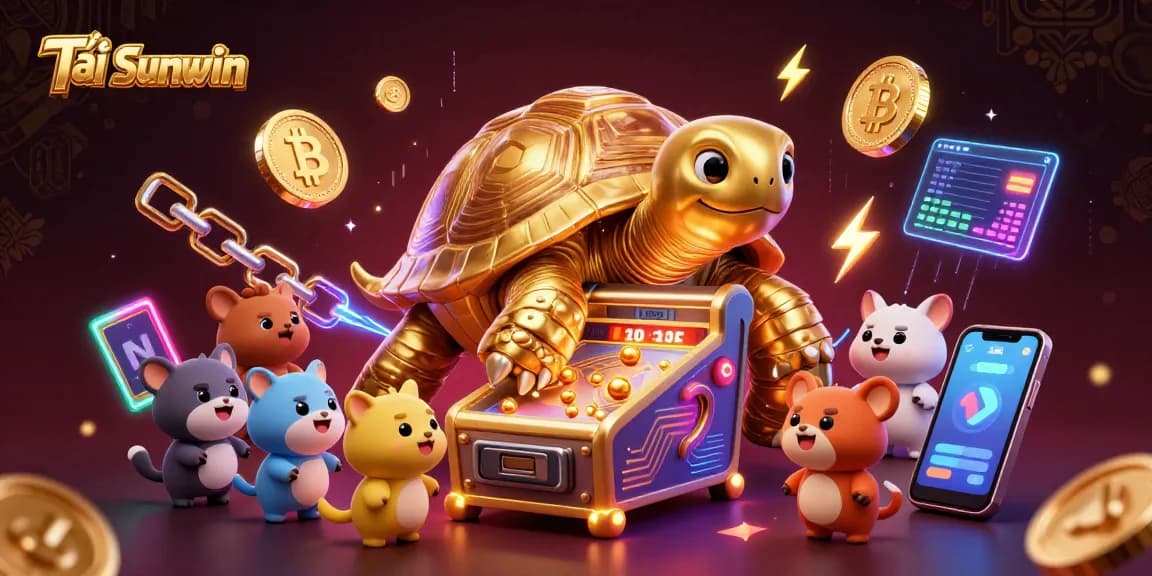 Tải Sunwin to play exciting games with a colossal golden tortoise pinball machine and vibrant crypto elements.