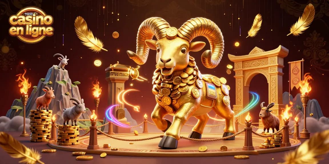 Célébrez le meilleur casino en ligne avec une illustration dynamique d'un bélier doré charmant défiant un portail doré, illustrant l'énergie et l'excitation du jeu.