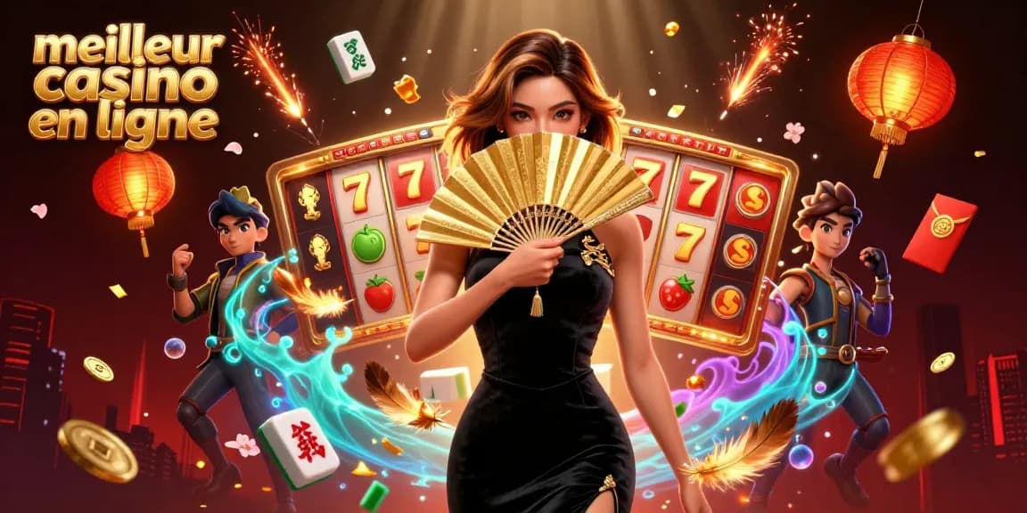 Découvrez le meilleur casino en ligne mettant en avant des éléments 3D vibrants et une femme asiatique captivante.