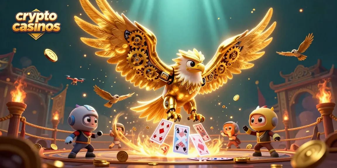 Jouer dans des crypto casinos avec une illustration dynamique d'aigles cybernétiques et des jeux d'arcade holographiques de cartes.