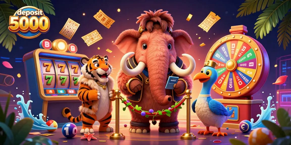 Spin big with deposit 5000 in a lively casino scene featuring animated characters and vibrant gaming elements.