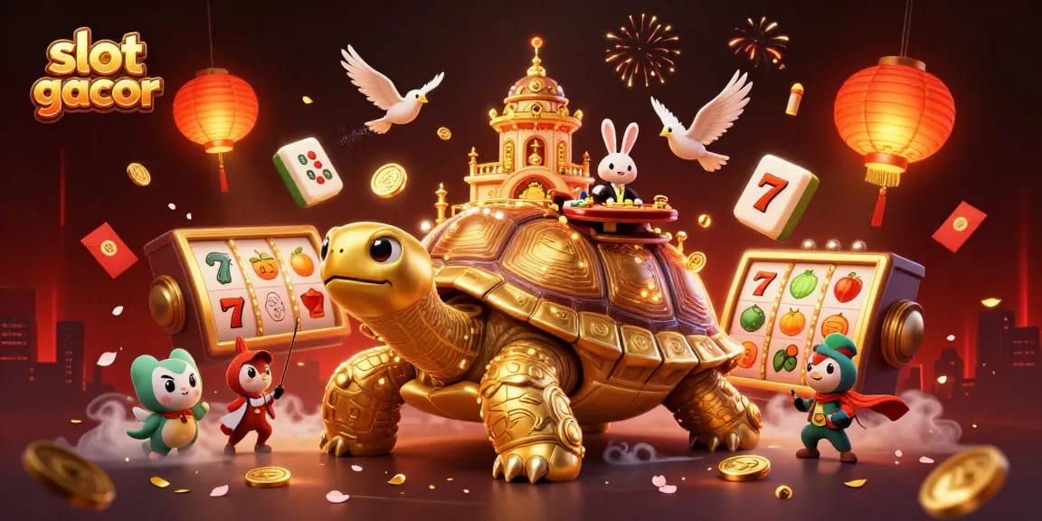 Engage in slot gacor excitement with a vibrant 3D casino scene featuring a golden tortoise and lucky elements.