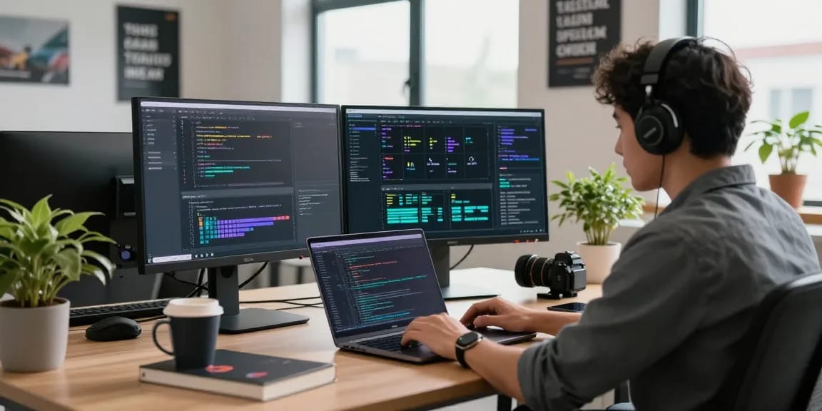 Developer coding in a professional workspace, featuring 纸飞机中文版 app interfaces on screens, creating an inspiring tech atmosphere.