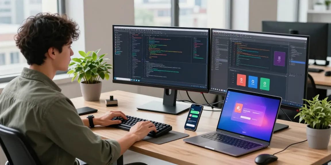 Developer using advanced 截图工具 in a modern office workspace with multiple screens and a vibrant atmosphere.