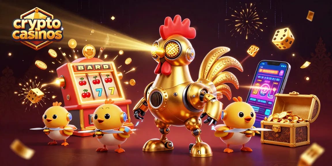 Jouez avec les crypto casinos au milieu d'une scène animée, avec des robots dorés et des machines à sous.