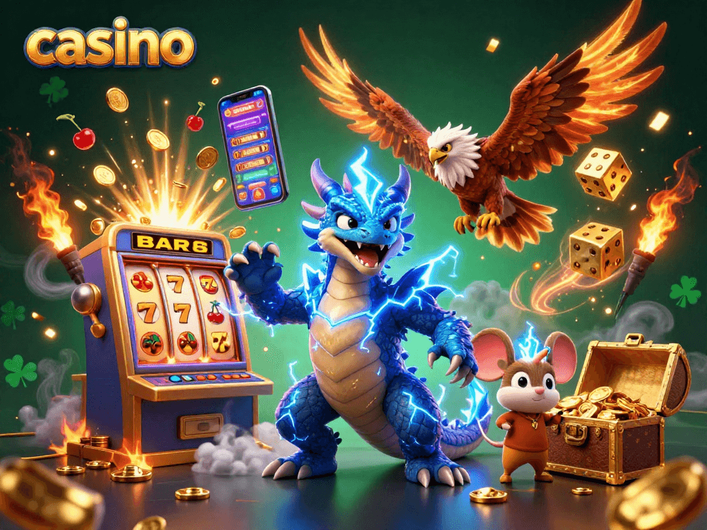 Engaging casino scene with dynamic characters and vibrant slot machine, depicting excitement of gameplay.