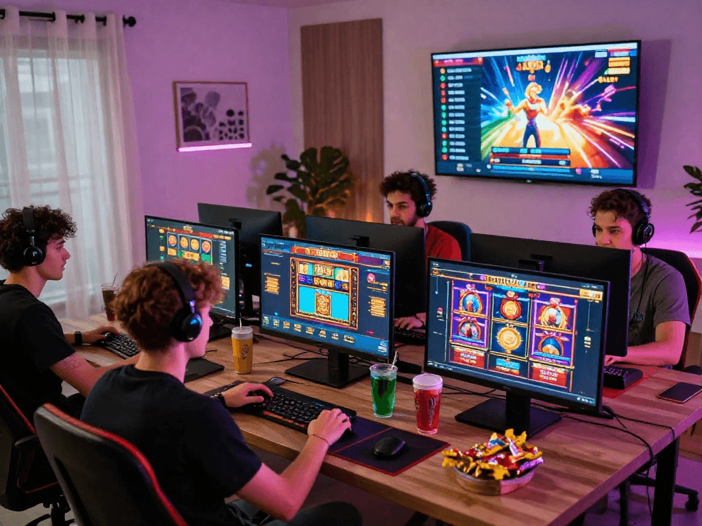 Login togel players enjoying an exciting slot gaming experience at home with vibrant screens and snacks.