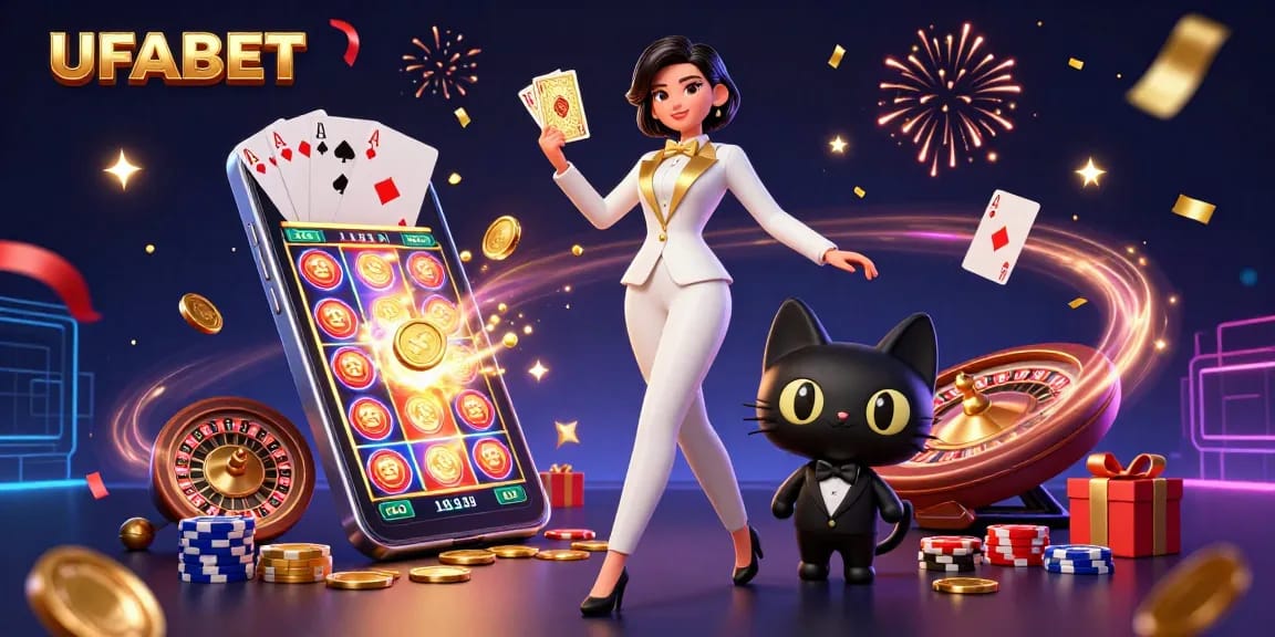 Experience the excitement of UFABET with thrilling casino action featuring a glamorous dealer and a playful cat.