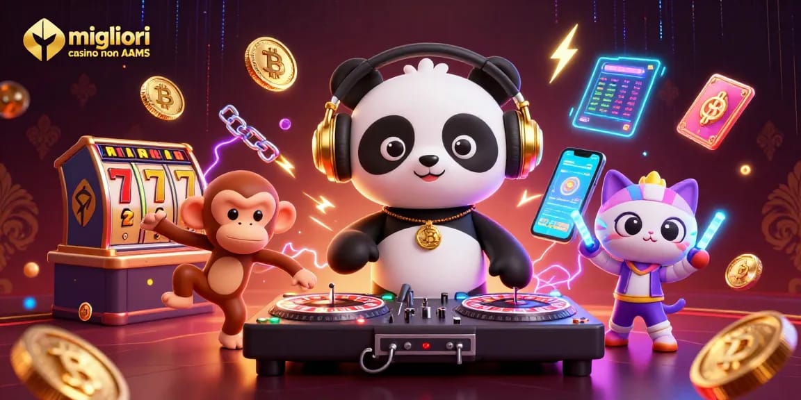 Migliori casino non AAMS illustrazione 3D vibrante che mostra un panda DJ e personaggi in una celebrazione a tema casinò.