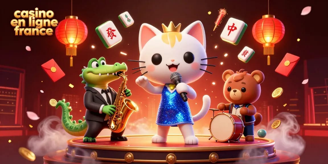 Jouez au casino en ligne France avec des personnages animés sur une scène de casino colorée.