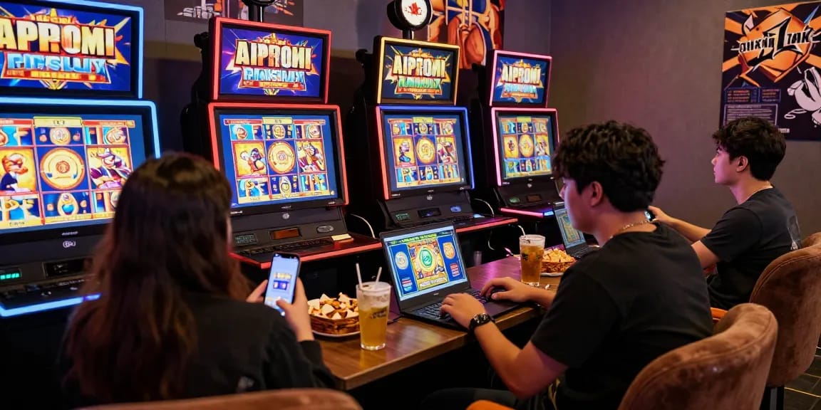 Engaging gaming atmosphere showcasing deposit pulsa tanpa potongan with friends enjoying online slots.