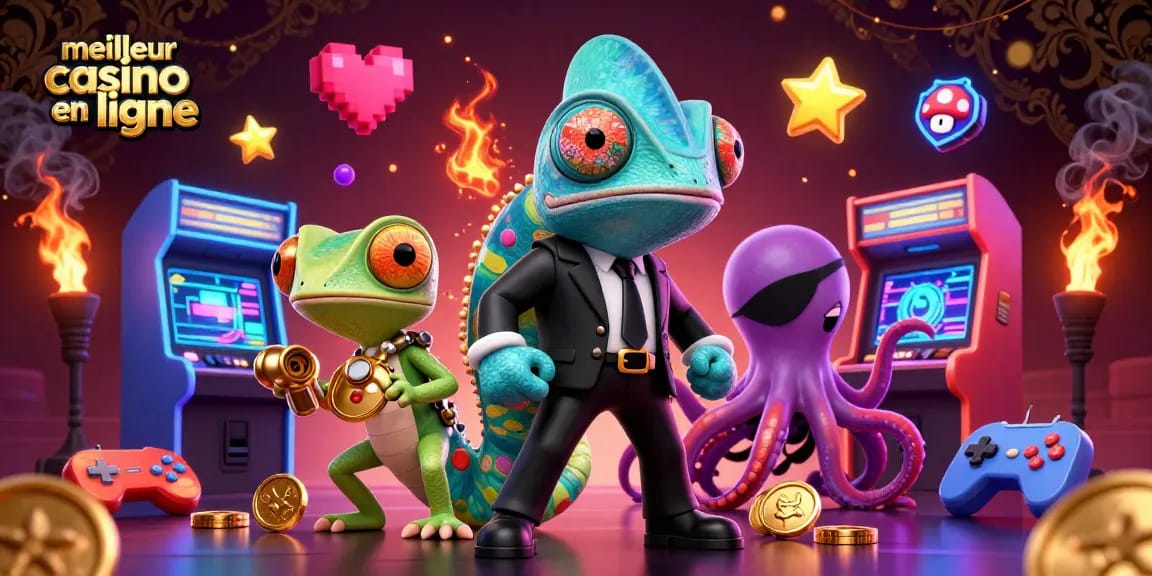 Vivez l'excitation du meilleur casino en ligne avec une scène 3D dynamique mettant en avant des éléments et des personnages de casino.