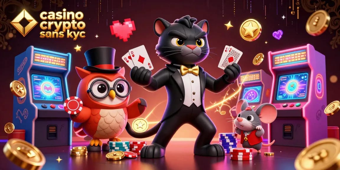 Jouez dans un casino crypto sans KYC avec un élégant panthère, une chouette et une souris porte-chips.