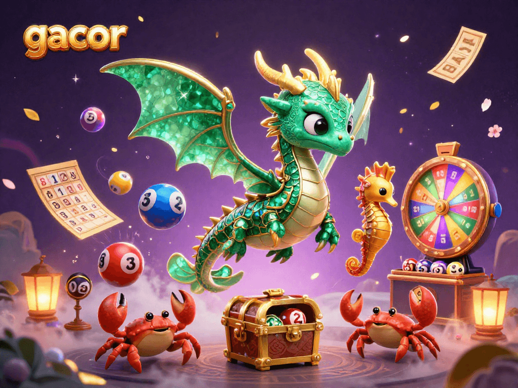 Menang dalam permainan gacor dengan naga laut 3D dan elemen keberuntungan seperti bola lotere dan tiket emas.