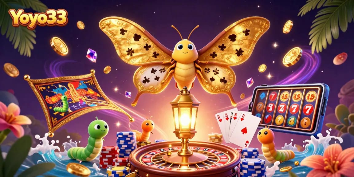 Engage with Yoyo33's vibrant casino universe, showcasing animated moths and dynamic gaming elements.