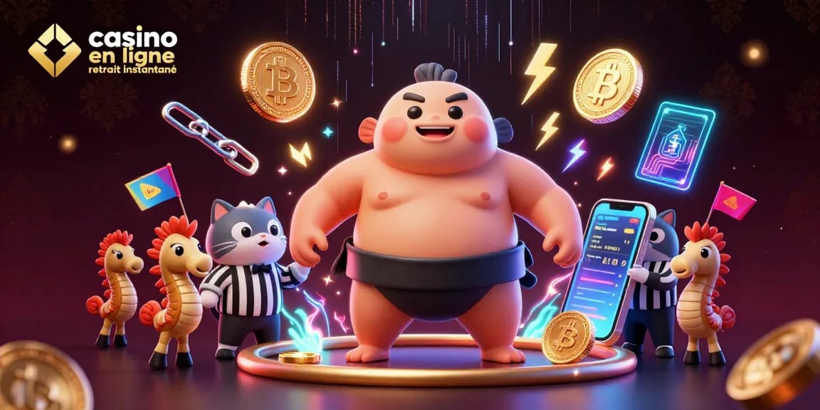 Casino en ligne retrait instantané : illustration d'un fugu en sumo entouré de pièces de crypto et d'effets lumineux