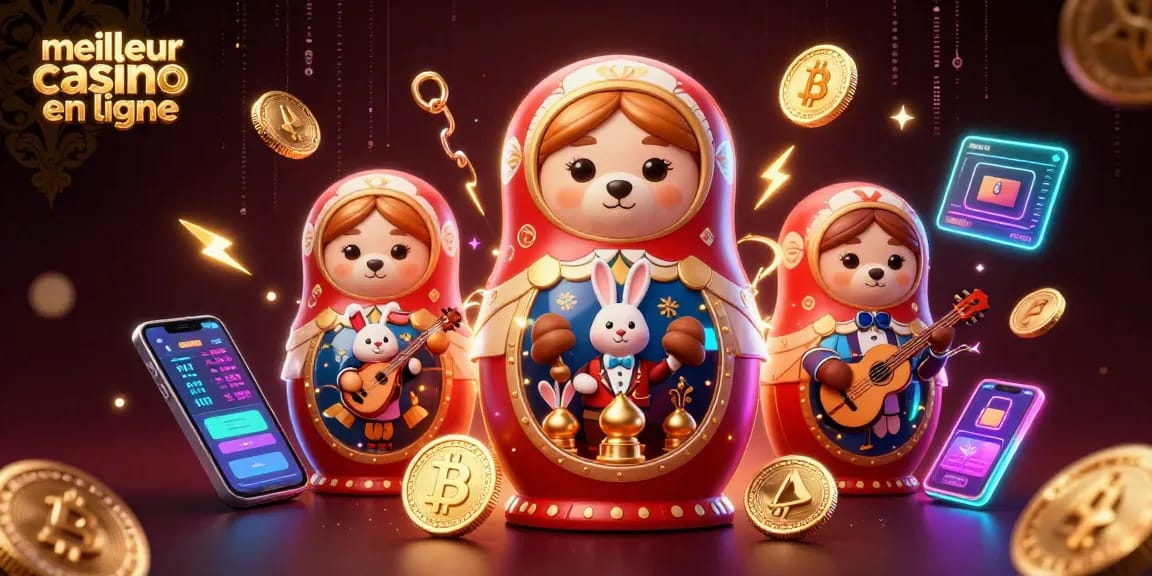 Découvrez le meilleur casino en ligne avec une illustration captivante de jeux et personnages colorés.