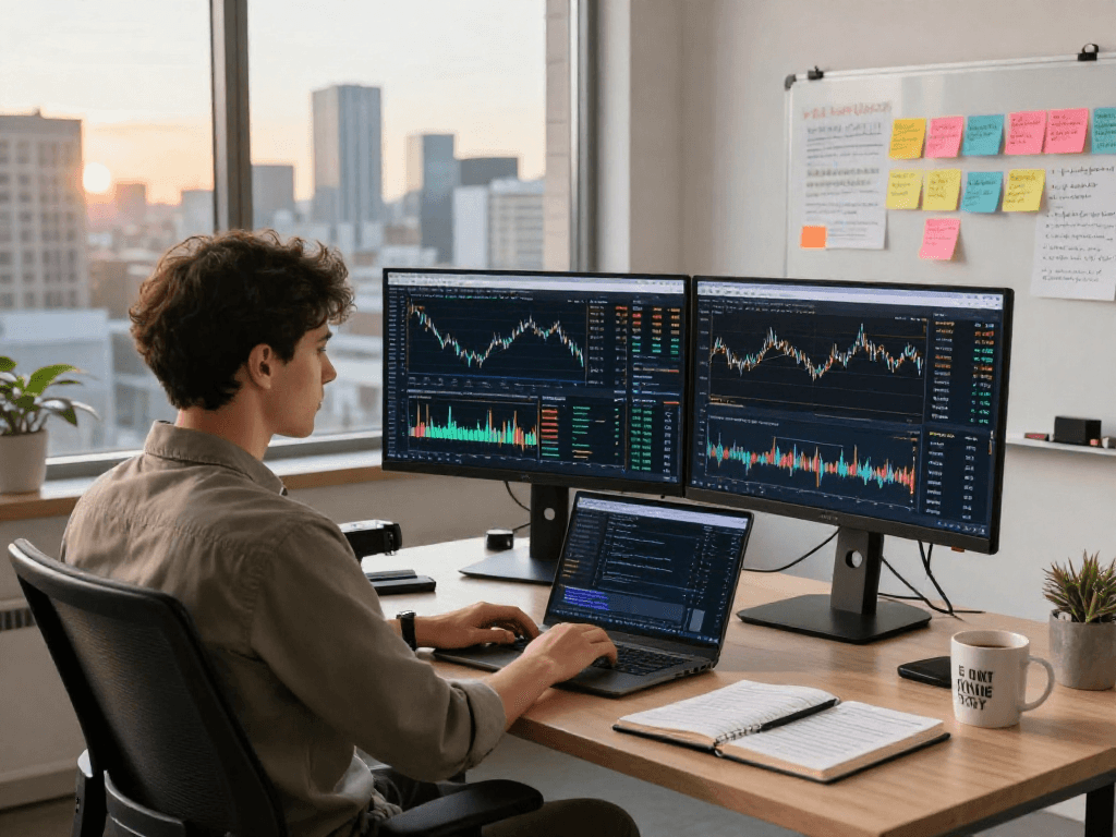 Trader utilizing TradingView for market analysis in a modern workspace with dual monitors and inspirational elements.
