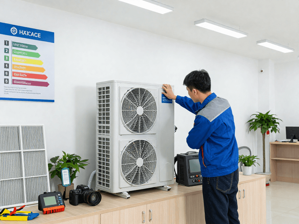 Skilled technician from HVAC SEO company troubleshooting modern HVAC system in professional workshop.
