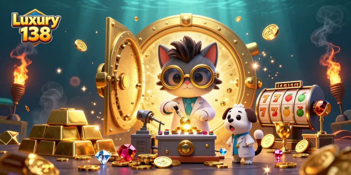Experience the thrill of Luxury 138 as the mad scientist cat conjures riches in a vibrant casino scene.
