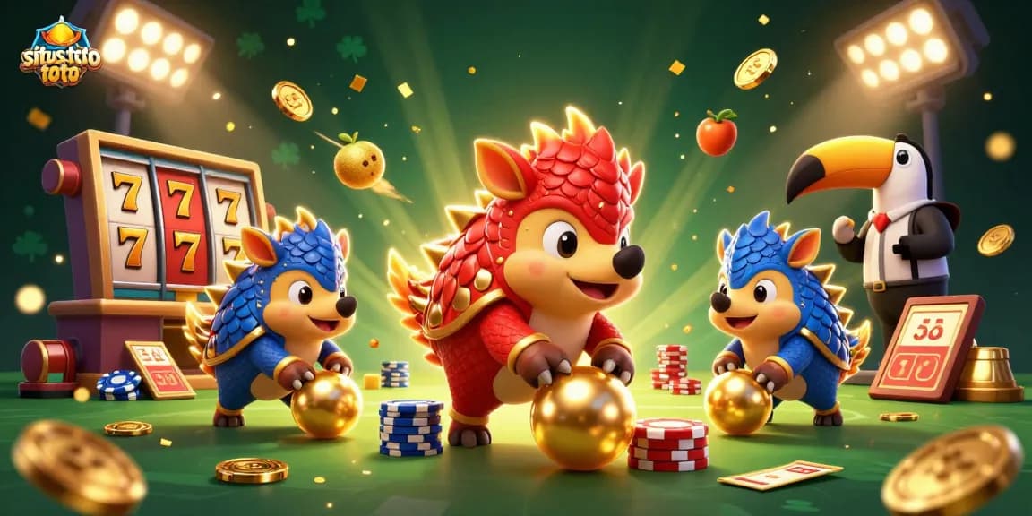 Experience situs toto excitement with animated pangolins bowling through golden poker chips and slot reels.