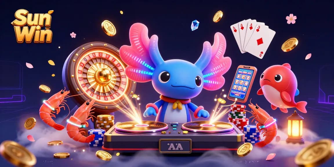 Experience rich gameplay with Sun Win's vibrant 3D casino scene featuring an axolotl DJ and dynamic game elements.