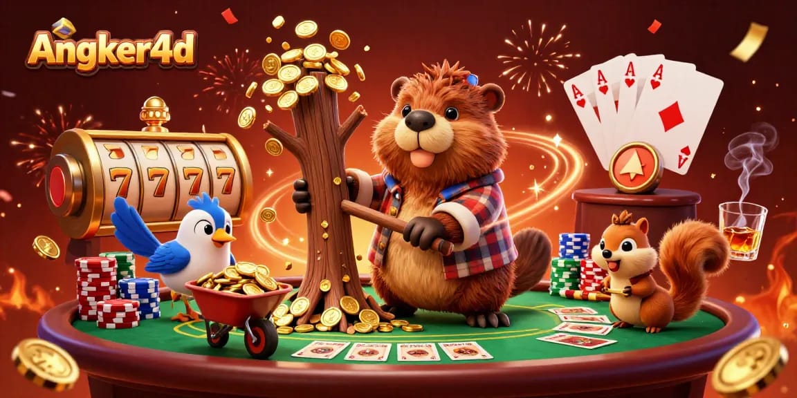 Angker4d menghadirkan ilustrasi kasino penuh warna dengan karakter kartun beaver dan elemen judi.