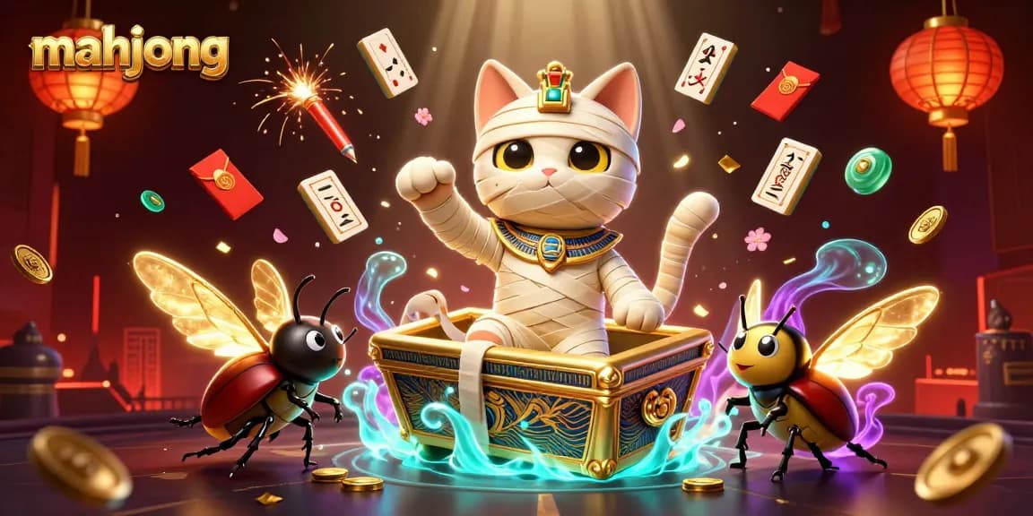 Engage with mahjong tiles floating in a vibrant casino scene featuring an Egyptian mummy cat and scarab beetle.