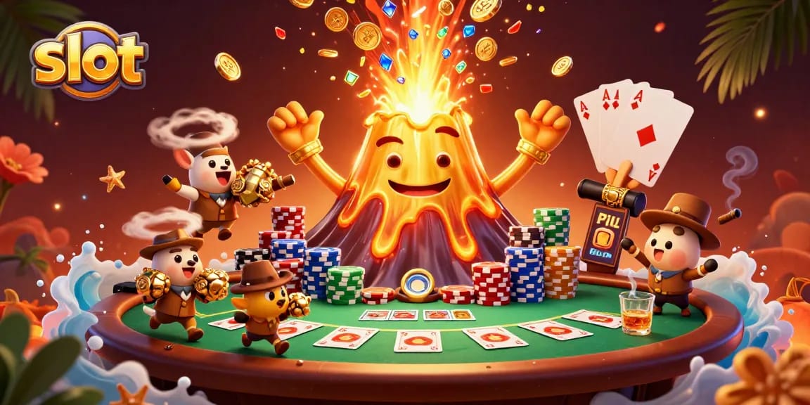 Spin the slot with golden treasures erupting from a volcano amidst vibrant casino elements