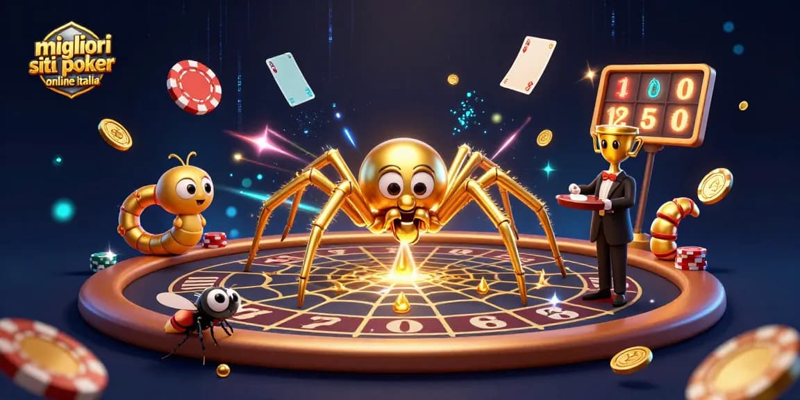 Migliori siti poker online Italia rappresentati in un'illustrazione 3D con ragno dorato e croupier bruchinando in uno scenario di poker vibrante.