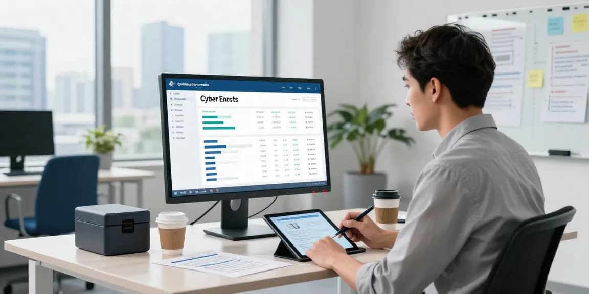 Cyber Essentials insurance consultation in a modern office setting, showcasing a consultant reviewing compliance metrics.