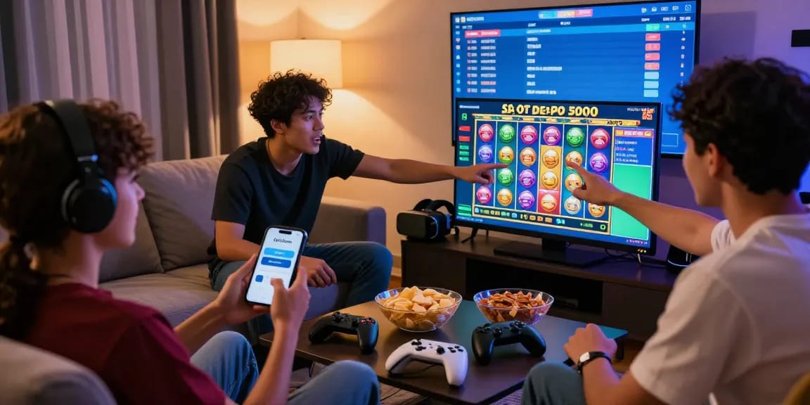 Excited friends playing slot depo 5000 online gaming with vibrant visuals and payment options in a cozy home atmosphere.