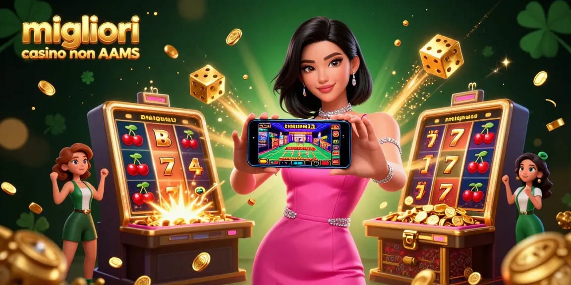 I migliori casino non AAMS mostrano una donna sicura con uno smartphone, circondata da dinamici elementi di casinò.