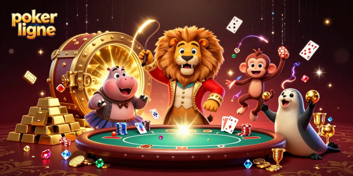 Gagnez au poker en ligne avec une scène dynamique remplie de personnages et de jetons.
